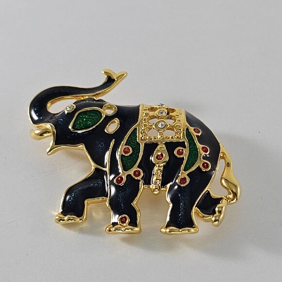 Vintage Gold-Tone Enamel Elephant Brooch Pin With Rhinestones & Red Accents - Picture 5 of 8
